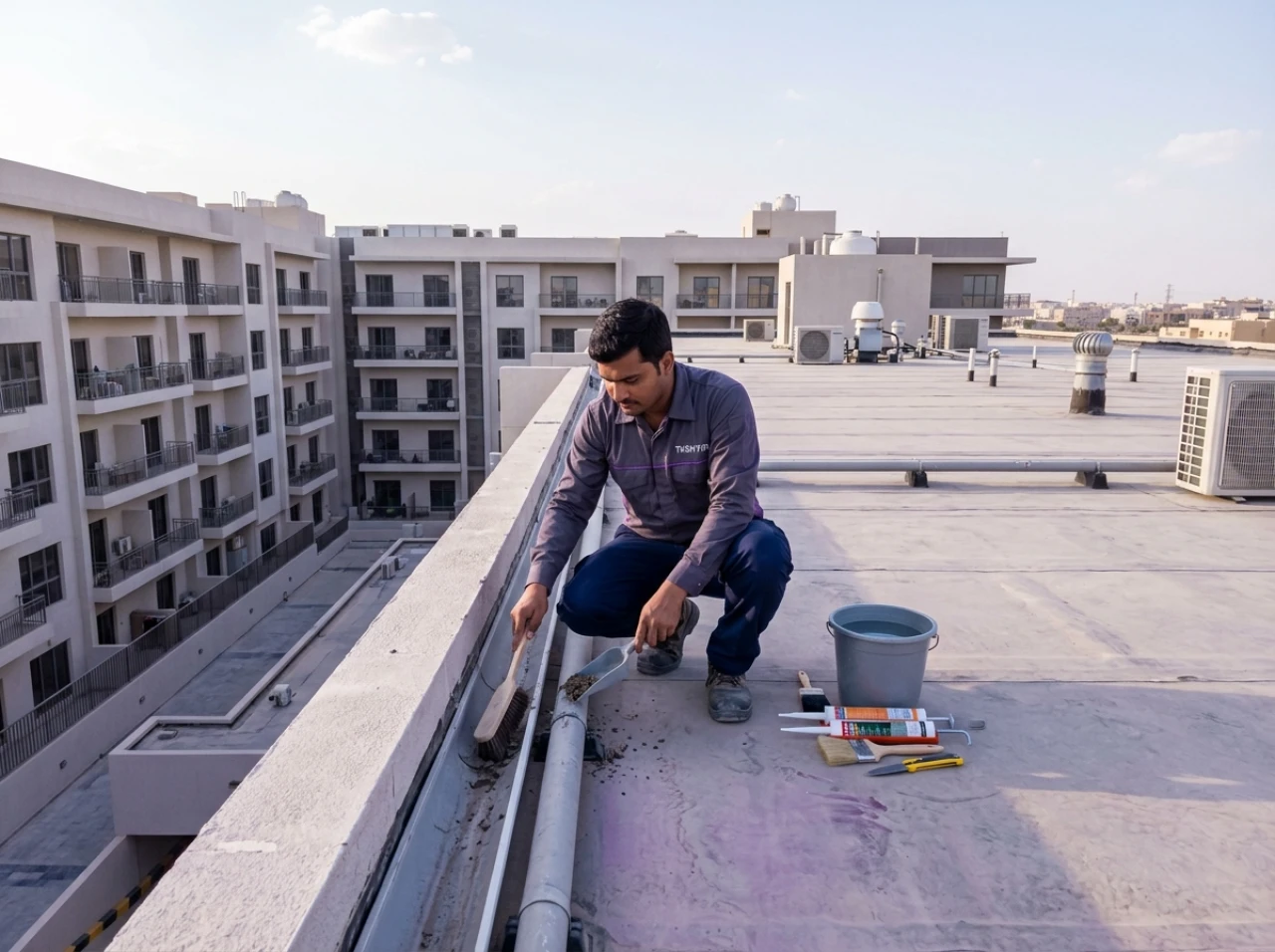 فني تشييك أثناء عزل سطح وتسليك مصارف مطر في عمارة