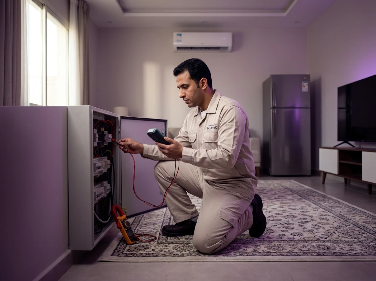 فني تشييك أثناء قياس استهلاك الكهرباء في لوحة منزل بجهاز قياس